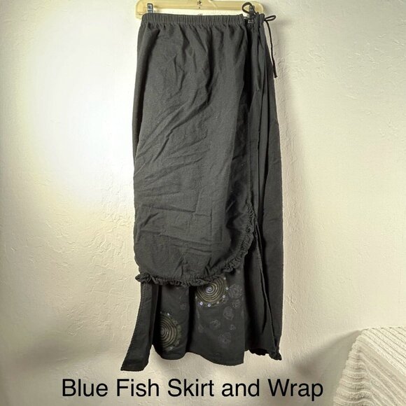 Vintage Blue Fish Women's Maxi Wrap Skirt Black Elastic Waist Cotton Size 1